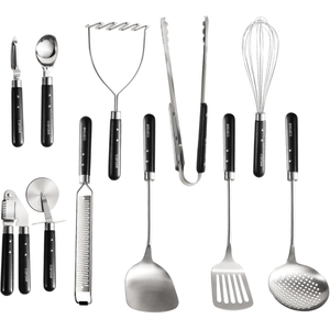 Carote Stainless Steel Cooking Utensils Set with Stay-Cool Wooden Handles, 11PCS Kitchen Tools Set, Spatulas, Whisk, Tongs, Ice Cream Scoop, Peeler, Pizza Cutter, Potato Masher