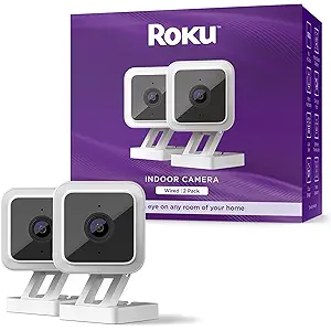 Roku Indoor Camera for Home Security, 2-Pack - Wired Security Camera with 1080p HD Color Night Vision, Works with Alexa & Google, Motion & Sound Detection, Built-in Siren, 90-Day Subscription Included