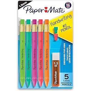 Paper Mate Handwriting Triangular Mechanical Pencil Set with Lead & Eraser Refills, 1.3mm, Back to School, Teacher Supplies, Home, Sketching, Drafting, Fun Barrel Colors, 8 Count