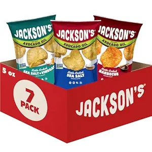 Jackson’s Classic Kettle Potato Chips (Variety Pack, 5 oz, Pack of 7) - Made with Premium Avocado Oil, Sea Salt, Salt & Vinegar and BBQ Flavors - Allergen-friendly, Gluten Free, Vegan