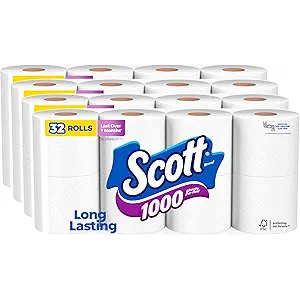Scott 1000 Toilet Paper, 32 Rolls, Septic-Safe, 1-Ply Toilet Tissue