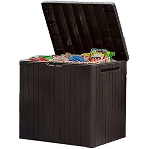 Keter City 30 Gallon Resin Outdoor Storage Box and Patio Furniture Side Table for Pool and Garden Accessories, Brown