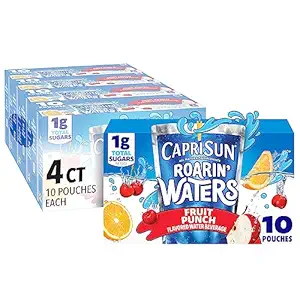 Capri Sun Roarin' Waters Fruit Punch Flavored with other natural flavor Water Beverage, 40 ct Pack, 4 Boxes of 10 Drink Pouches