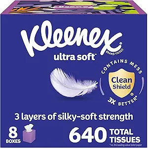 Kleenex Ultra Soft Facial Tissues, 8 Cube Boxes, 80 Tissues per Box, 3-Ply, Packaging May Vary