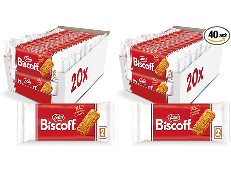 Lotus Biscoff Cookies, Caramelized Biscuit Cookie Snack, Dispenser Box (20 sleeves of 2 extra large cookies) Vegan, 0.9 Ounce (Pack of 40)