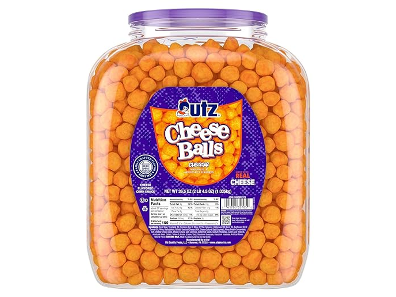 Utz Cheese Balls Barrel, Tasty Snack Baked with Real Cheddar Cheese, Delightfully Poppable Party Snack, Gluten, Cholesterol and Trans-Fat Free, Kosher Certified, 36.5 Oz