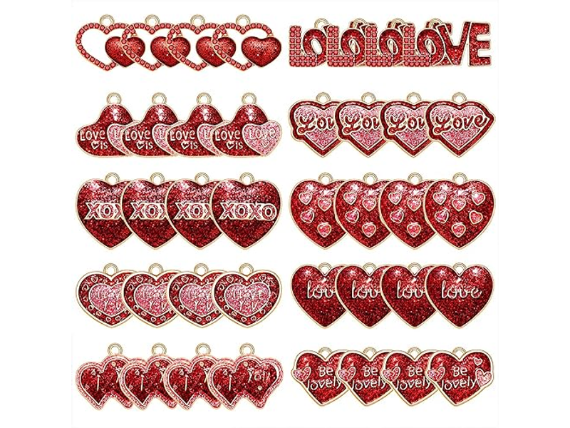 40-80PCS Valentine's Day Heart Charms for Jewelry Making Assorted Enamel Rhinestone Heart Pendant Charms for Necklace Bracelet Making DIY Crafts Valentine's Day Gifts
